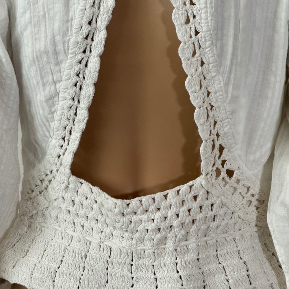 Free People Megan Crochet Knit Top Ivory Long Sleeve Peplum Blouse White Size S - Picture 11 of 14